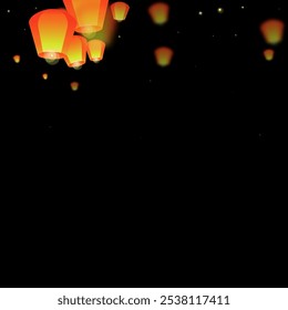 Loy krathong festival card. Thailand holiday with paper lantern lights flying in the night sky. Loy Krathong celebration. Vector illustration on black background.