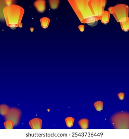 Loy krathong festival card. Thailand holiday with paper lantern lights flying in the night sky. Loy Krathong celebration. Vector illustration on dark blue background.