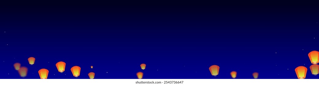 Loy krathong festival card. Thailand holiday with paper lantern lights flying in the night sky. Loy Krathong celebration. Vector illustration on dark blue background.