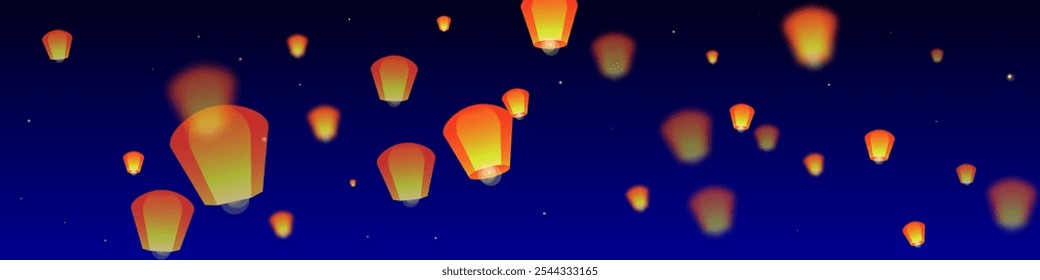 Loy krathong festival card. Thailand holiday with paper lantern lights flying in the night sky. Loy Krathong celebration. Vector illustration on dark blue background.