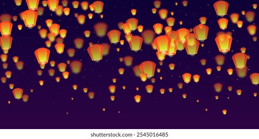 Loy krathong festival card. Thailand holiday with paper lantern lights flying in the night sky. Loy Krathong celebration. Vector illustration on purple gradient background.