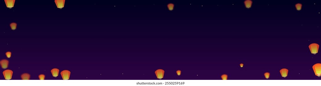 Loy krathong festival card. Thailand holiday with paper lantern lights flying in the night sky. Loy Krathong celebration. Vector illustration on purple gradient background.