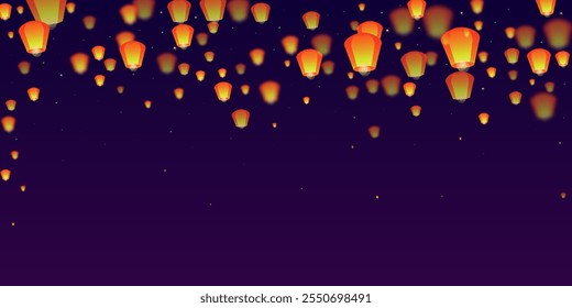 Loy krathong festival card. Thailand holiday with paper lantern lights flying in the night sky. Loy Krathong celebration. Vector illustration on purple gradient background.