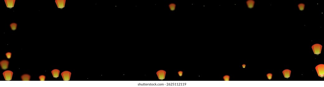 Loy krathong festival card. Thailand holiday with paper lantern lights flying in the night sky. Loy Krathong celebration. Vector illustration on black background.