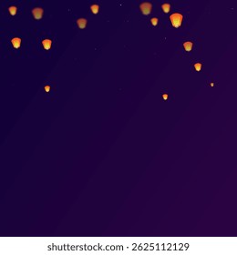 Loy krathong festival card. Thailand holiday with paper lantern lights flying in the night sky. Loy Krathong celebration. Vector illustration on purple gradient background.