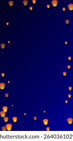 Loy krathong festival card. Thailand holiday with paper lantern lights flying in the night sky. Loy Krathong celebration. Vector illustration on dark blue background.