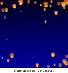 Loy krathong festival card. Thailand holiday with paper lantern lights flying in the night sky. Loy Krathong celebration. Vector illustration on dark blue background.