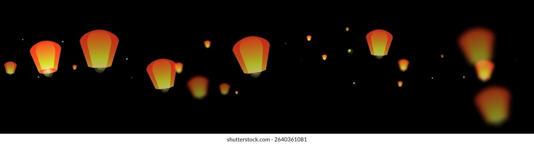 Loy krathong festival card. Thailand holiday with paper lantern lights flying in the night sky. Loy Krathong celebration. Vector illustration on black background.