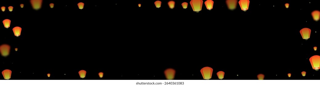 Loy krathong festival card. Thailand holiday with paper lantern lights flying in the night sky. Loy Krathong celebration. Vector illustration on black background.
