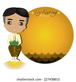  Loy Krathong Festival. Cartoon Thai Boy.