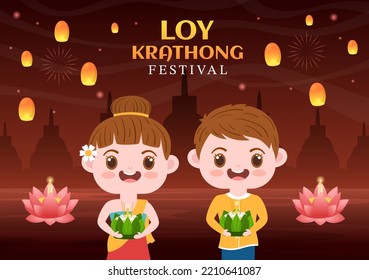Loy Krathong Festival Celebration with Cute Kids, Lantern and Krathongs Floating on Water in Thailand Flat Illustration Hand Drawn Template 