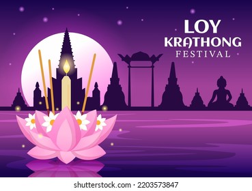 Loy Krathong Festival Celebration in Thailand Template Hand Drawn Cartoon Flat Illustration with Lanterns and Krathongs Floating on Water Design
