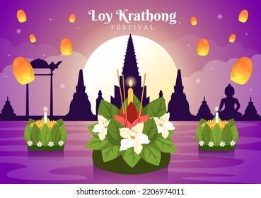 Loy Krathong Festival Celebration in Thailand Template Hand Drawn Cartoon Flat Illustration with Lanterns and Krathongs Floating on Water Design