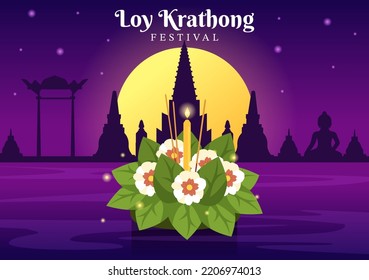 Loy Krathong Festival Celebration in Thailand Template Hand Drawn Cartoon Flat Illustration with Lanterns and Krathongs Floating on Water Design