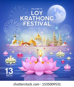 Loy krathong festival, chao phraya river holy place in thailand background, vector illustration