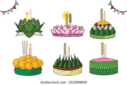 Loy Krathong festival collection of krathongs in different shapes and forms on white background, vector illustration