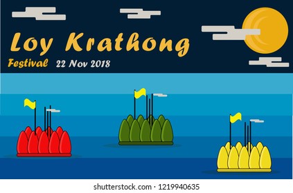 Loy Krathong Festival concept: Celebration and Culture of Thailand on the big full moon night. This festival is very famous and popular in Thailand.  