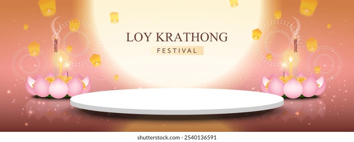 Diseño conceptual del Festival Loy Krathong para exhibición con base circular y pétalos de loto Krathong en el fondo de la luna del cielo nocturno. Ilustración vectorial.