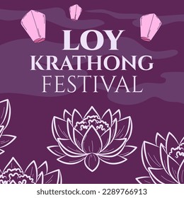 Loy Krathong festival concept. Traditional Indian holiday. Lily on water with air balloons. Celebrate and festive, event. Template, layout and mock up. Cartoon flat vector illustration