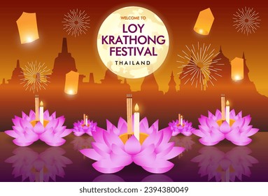 Loy Krathong Festival Es besteht aus einer Lotus Blütenblütenschüssel und Kerzen auf dem Wasser schwimmen im Hintergrund ist ein schöner Tempel Es gibt schwimmende Laternen und Feuerwerk