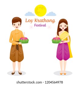 Loy Krathong Festival, Couple in National Costume Standing, Celebration and Culture of Thailand, Asia, Feast, Season, Religion