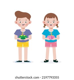 Loy Krathong Festival with cute Asian tourist couple holding krathong isolated on white background Celebration and Culture of Thailand concept cartoon poster isolated Vector Illustration