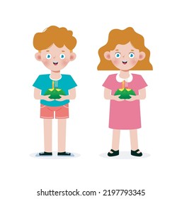 Loy Krathong Festival with cute European tourist couple holding krathong isolated on white background Celebration and Culture of Thailand concept cartoon poster isolated Vector Illustration