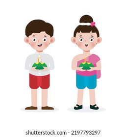 Loy Krathong Festival with cute Thai couple in traditiona costume holding krathong isolated on white background Celebration and Culture of Thailand concept cartoon poster isolated Vector Illustration