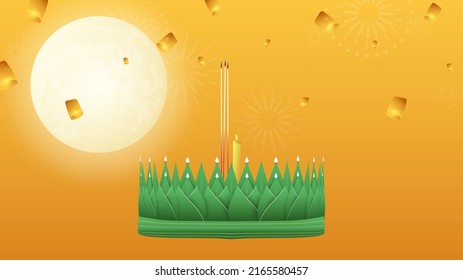 Loy Krathong festival design , Krathong and floating lanterns in the night of the full moon Loy Krathong festival celebration in Thailand, Vector Modern design, illustration Vector Eps10