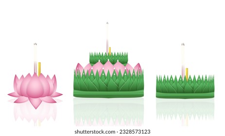 Loy Krathong festival design , Krathong made from lotus leaves and floating lanterns in the night of the full moon Loy Krathong festival celebration in Thailand, , Illustration Vector  EPS 10