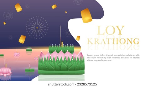 Loy Krathong festival design , Krathong made from lotus leaves and floating lanterns in the night of the full moon Loy Krathong festival celebration in Thailand, , Illustration Vector  EPS 10