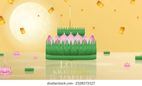 Loy Krathong festival design , Krathong made from lotus leaves and floating lanterns in the night of the full moon Loy Krathong festival celebration in Thailand, , Illustration Vector  EPS 10