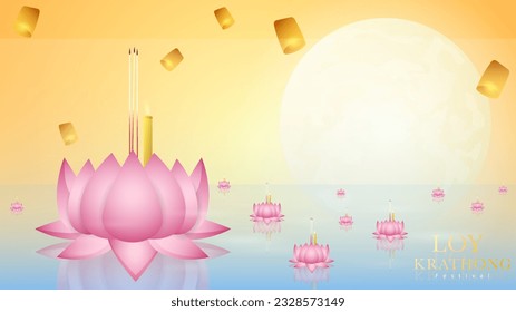 Loy Krathong festival design , Krathong made from lotus leaves and floating lanterns in the night of the full moon Loy Krathong festival celebration in Thailand, , Illustration Vector  EPS 10