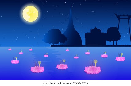 Loy Krathong festival in full moon night at Thailand.