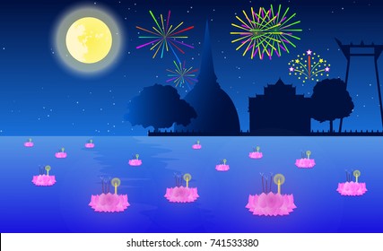 Loy Krathong Festival In Full Moon Night At Thailand.