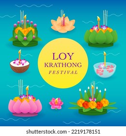 Loy Krathong Festival greeting card vector design. Set of Krathong floating on water