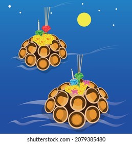 Loy Krathong Festival illustration made of ice cream cones, Vector, 
with flowers inside, floats in the water.