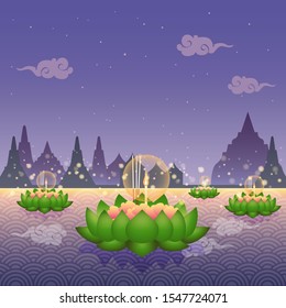 Loy Krathong festival, krathongs floating on water. Vector illustration flat design style. Celebration and Culture of Thailand.