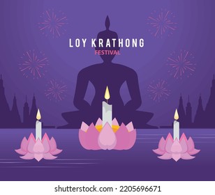 loy krathong festival lettering card with buddha