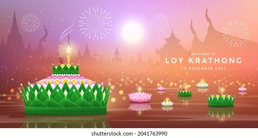 Loy krathong festival at moon night thailand background banner, eps10vector illustration