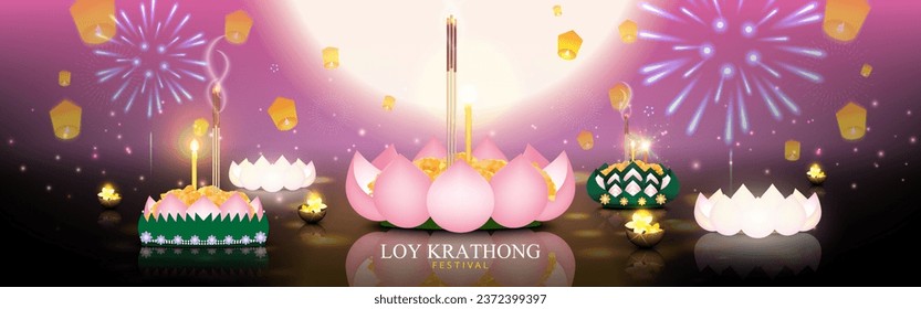 Loy Krathong Festival. Nachtfest mit Krathong Hand machte verschiedene Stil schwimmen auf Fluss. Traditionskultur in Thailand. Vektorgrafik.