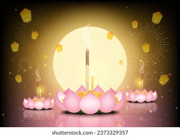 Loy Krathong Festival. Die nächtliche Vollmond-Feier mit Krathong aus rosafarbenen Lotusblättern, die auf dem Fluss schwimmen. Traditionskultur in Thailand. Vektorgrafik.