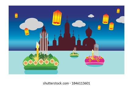 Loy Krathong Festival in Loy Krathong night at Thailand.Traditional Thai style Vector concept.