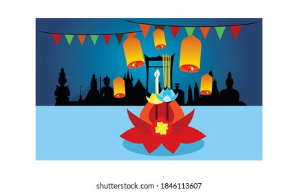 Loy Krathong Festival in Loy Krathong night at Thailand.Traditional Thai style Vector concept.