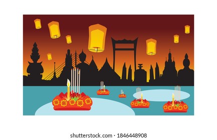 Loy Krathong Festival in Loy Krathong night at Thailand.Traditional Thai style Vector concept.