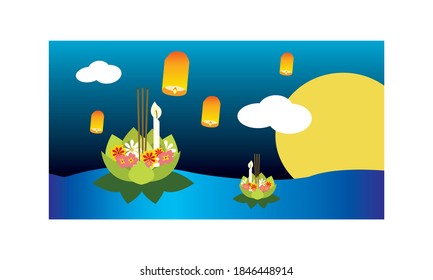 Loy Krathong Festival in Loy Krathong night at Thailand.Traditional Thai style Vector concept.