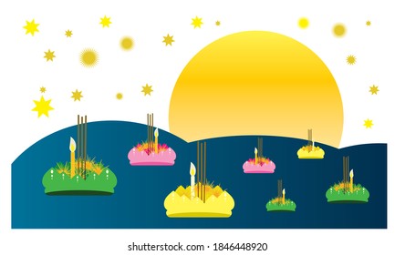 Loy Krathong Festival in Loy Krathong night at Thailand.Traditional Thai style Vector concept.