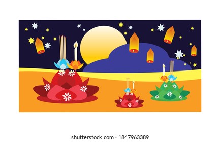 Loy Krathong Festival in Loy Krathong night at Thailand.Traditional Thai style Vector concept.