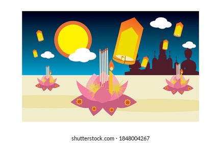 Loy Krathong Festival in Loy Krathong night at Thailand.Traditional Thai style Vector concept.