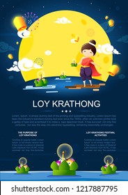 Loy Krathong Festival poster design with girl in thai traditional costume,full moon,lanterns and krathongs floating on water.Celebration and Culture of Thailand-Vector Illustration
